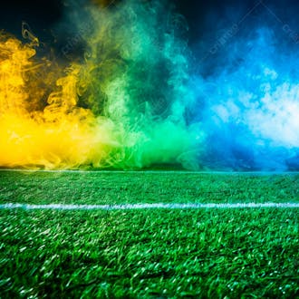 Campo de futebol com fumaça nas cores da bandeira do brasil 68