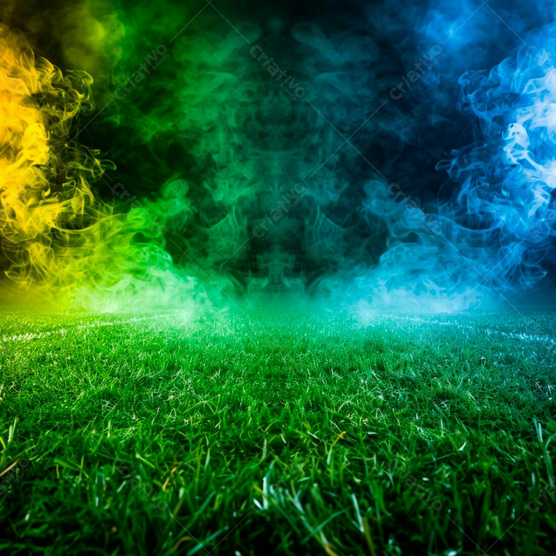 Campo de futebol com fumaça colorida