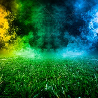 Campo de futebol com fumaça nas cores da bandeira do brasil 69