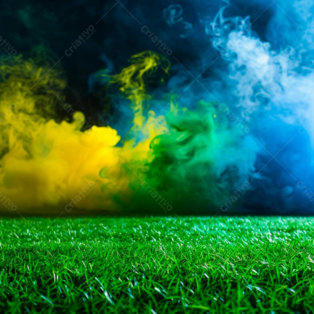 Campo gramado com fumaça verde amarela e azul