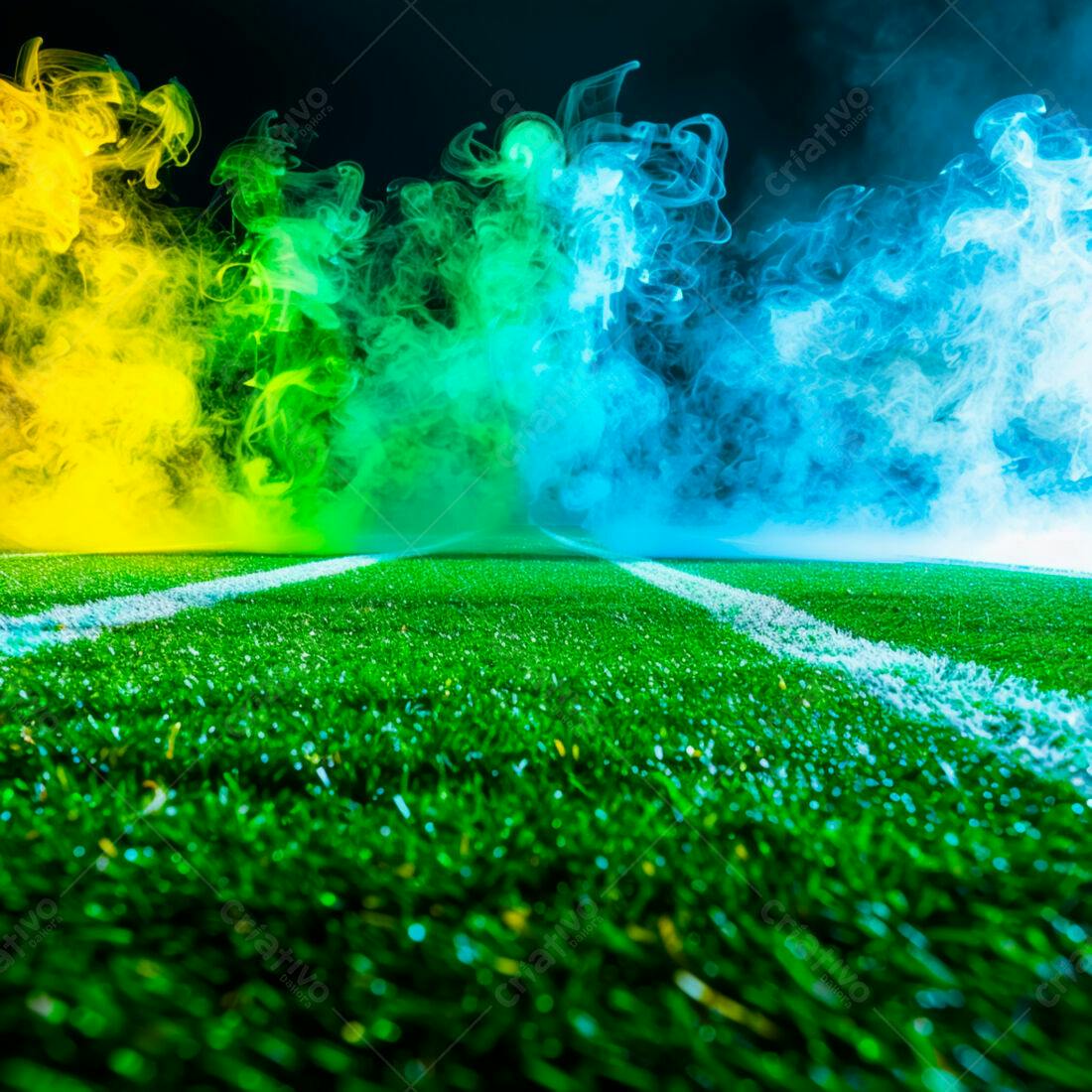Campo de futebol com fumaça colorida