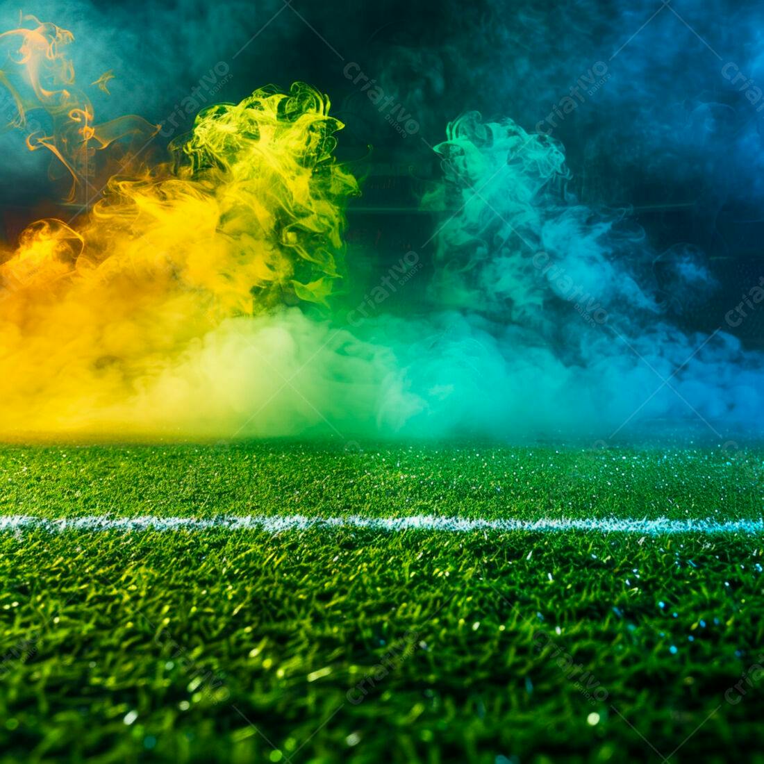 Campo de futebol com fumaça amarela e azul