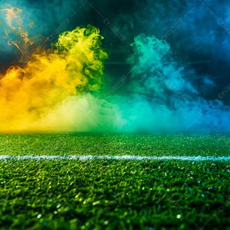 Campo de futebol com fumaça nas cores da bandeira do brasil 72