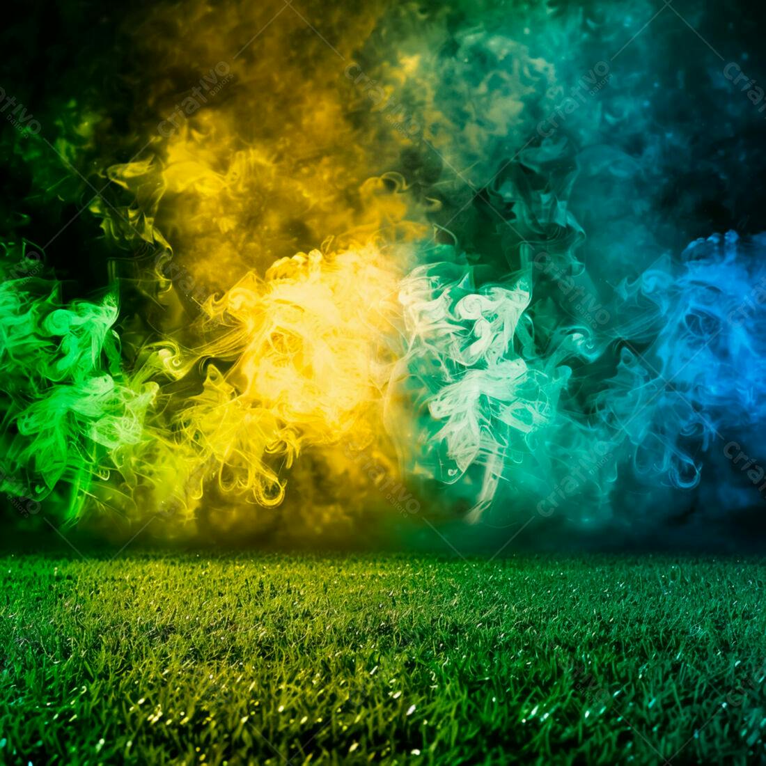 Campo de futebol com fumaça verde amarela e azul