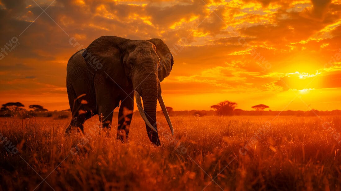 Elefante africano ao pôr do sol na savana