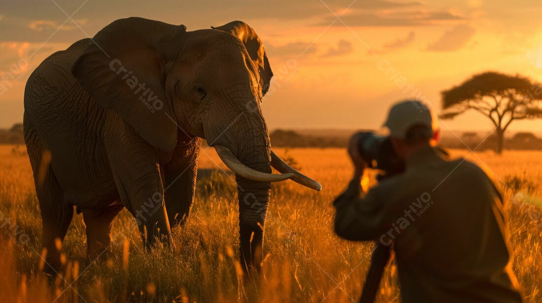 Elefante africano no pôr do sol
