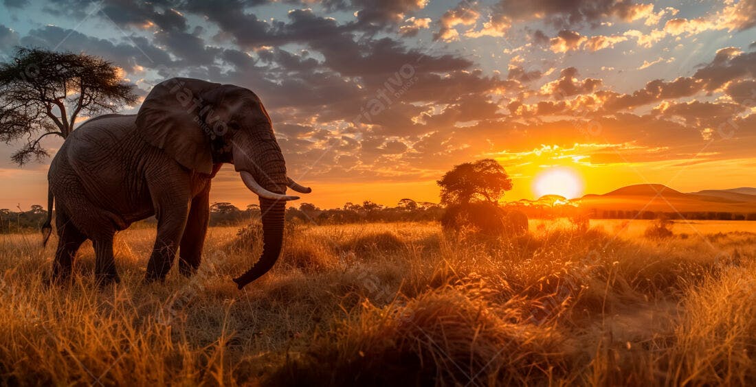 Elefante Africano ao Pôr do Sol na Savana