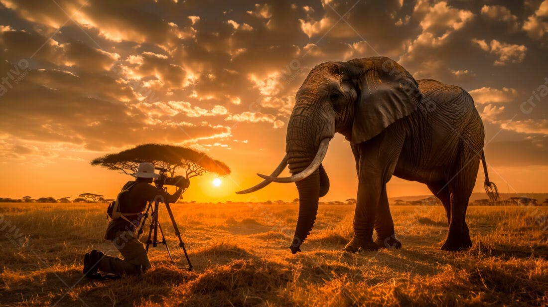 Elefante na Savana Africana ao Pôr do Sol