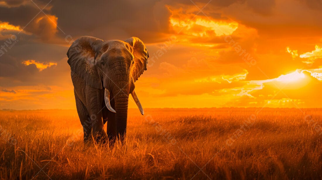 Elefante na Savana ao Pôr do Sol