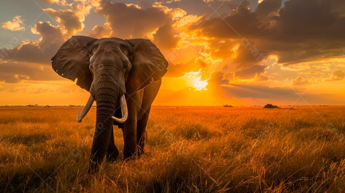 Elefante na savana africana ao pôr do sol