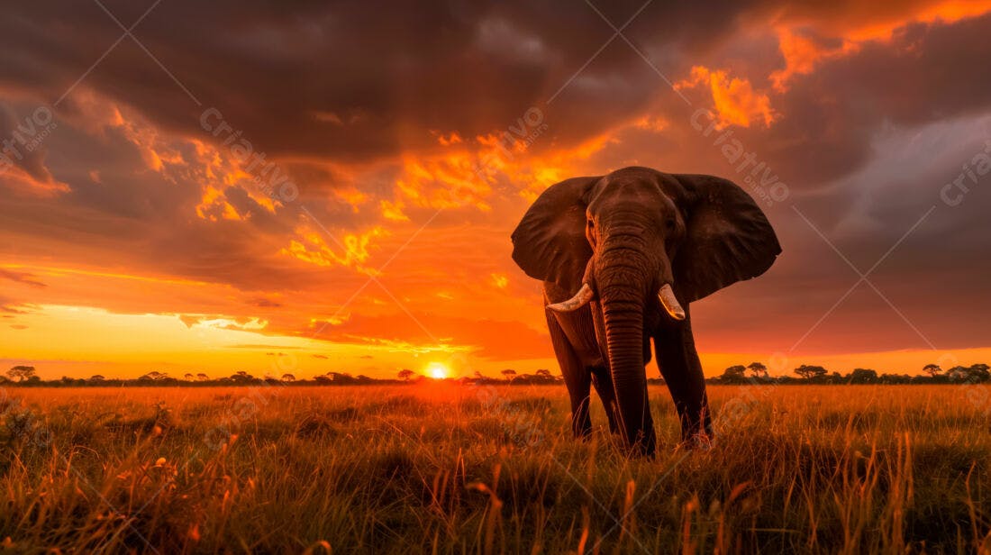 Elefante na Savana ao Pôr do Sol