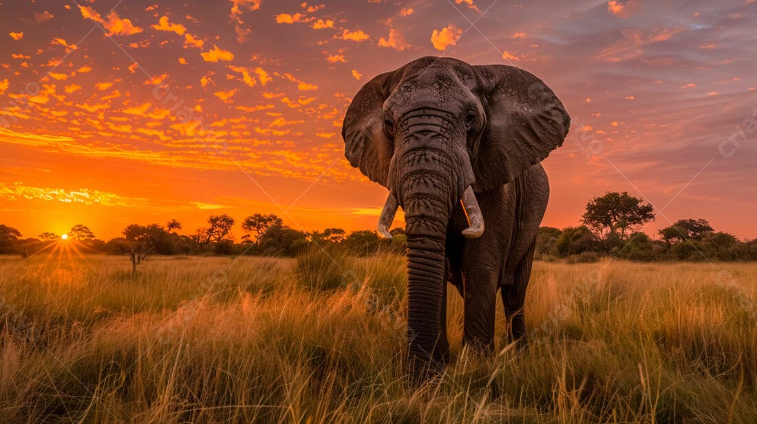 Elefante na Savana ao Pôr do Sol