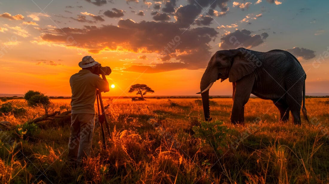 Fotógrafo e elefante ao pôr do sol na savana