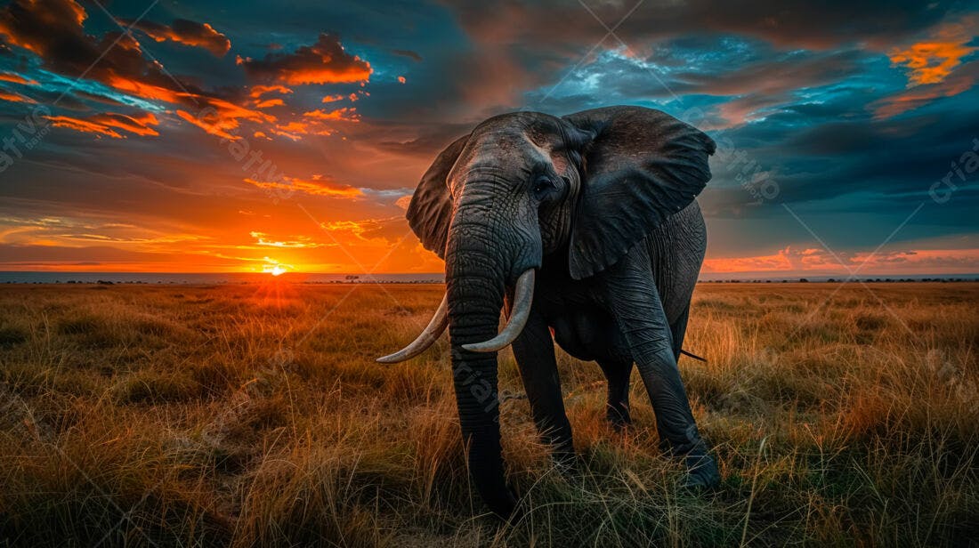 Elefante na Savana Africana ao Pôr do Sol