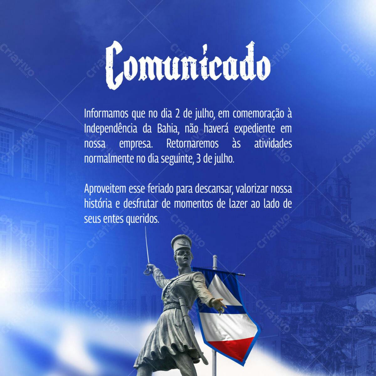 Comunicado Feriado Independência da Bahia PSD Editável