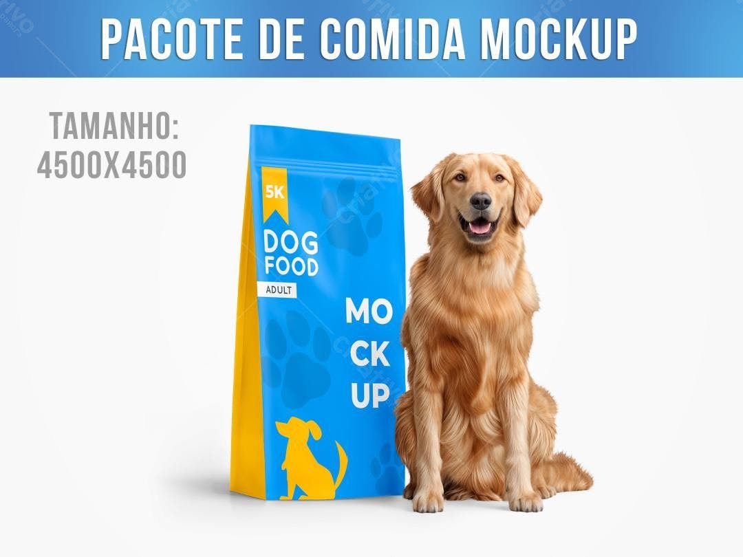 Mockup Embalagem Ração Cachorro: Realista, Azul e Amarelo