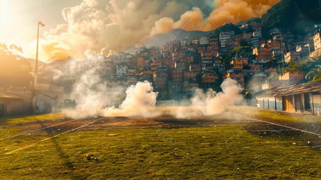 Fumaça em campo de futebol favela Brasil