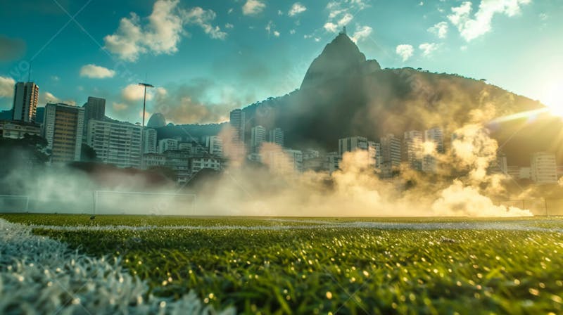 Imagem de fundo de campo de futebol na favela com fumaça 3