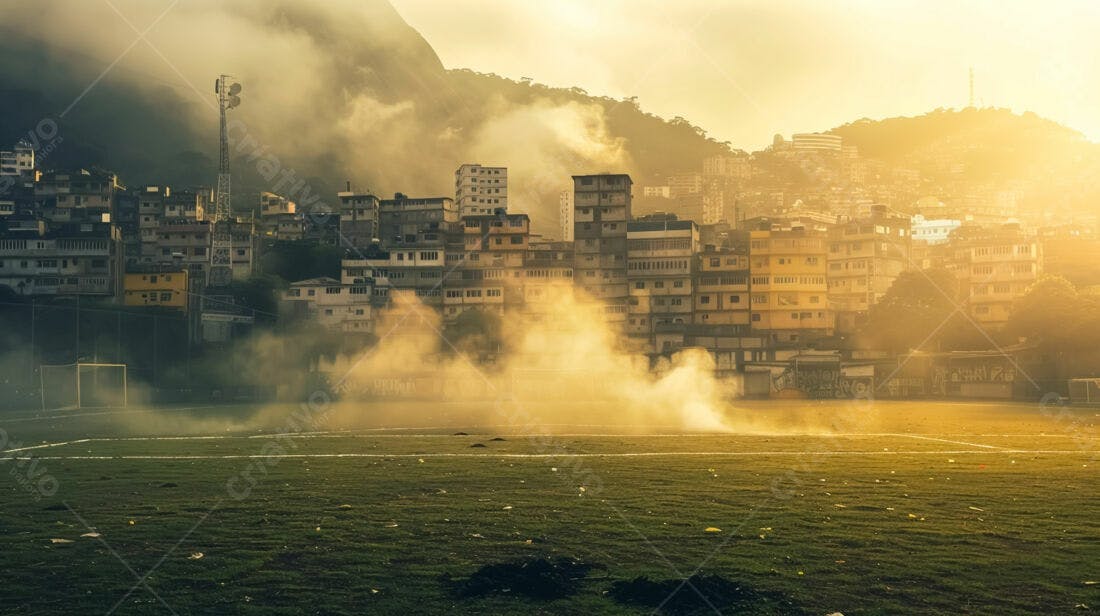 Campo de futebol com favela ao fundo ao amanhecer