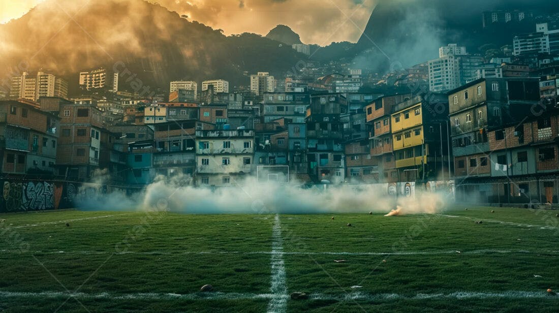 Campo de futebol favela com fumaça ao entardecer