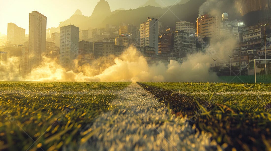 Campo de futebol com fumaça e cidade ao fundo
