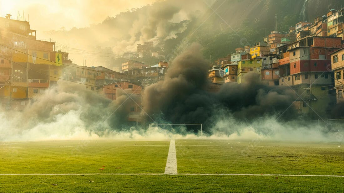 Campo de futebol com fumaça e favela ao fundo