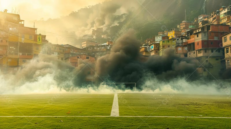 Imagem de fundo de campo de futebol na favela com fumaça 7