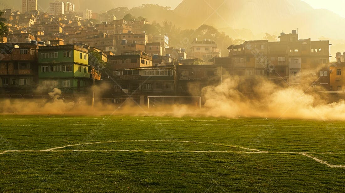 Campo de futebol com fumaça favela brasileira