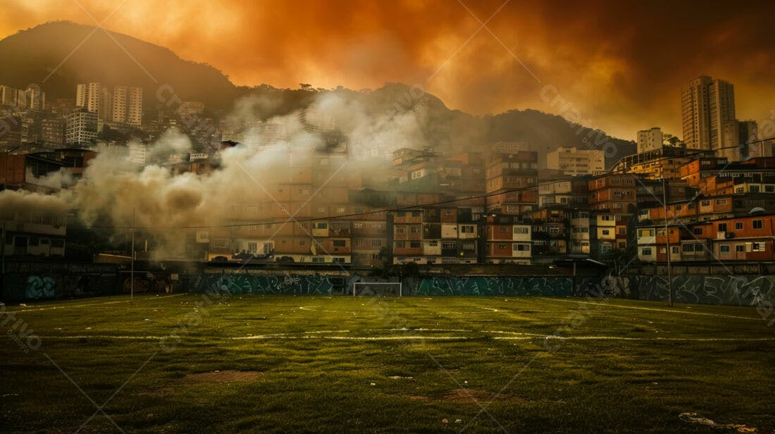 Campo de futebol favela sob céu alaranjado