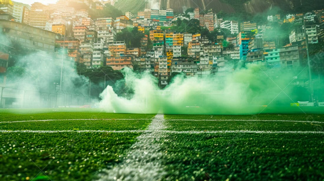 Campo de futebol com fumaça verde favela ao fundo