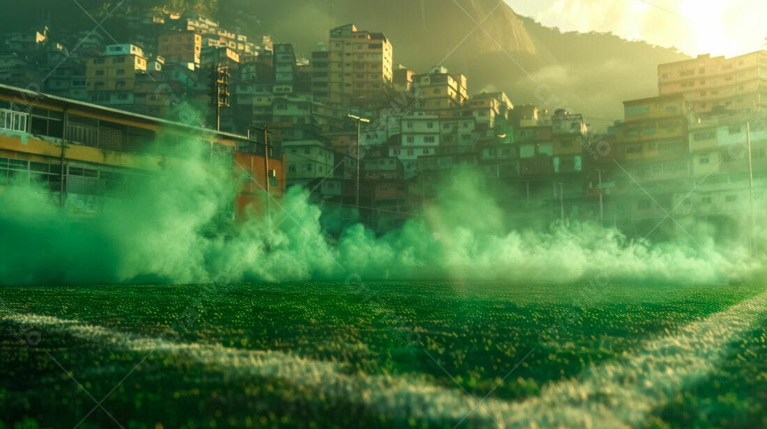 Campo de futebol com fumaça verde favela ao fundo