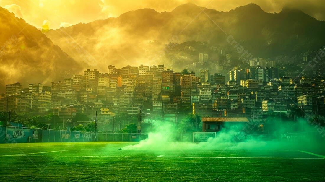 Campo de futebol com favela ao fundo