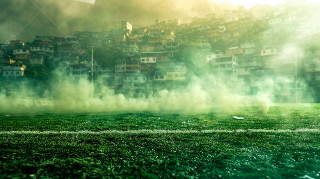 Campo de futebol com fumaça verde favela ao fundo