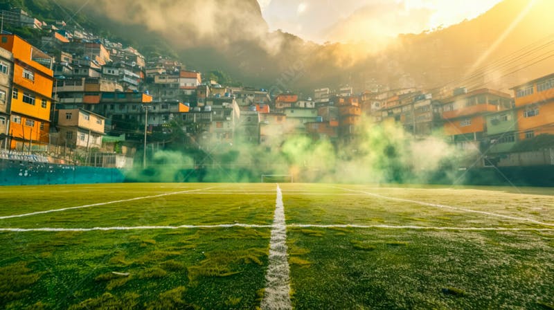 Imagem de fundo de campo de futebol na favela com fumaça 14