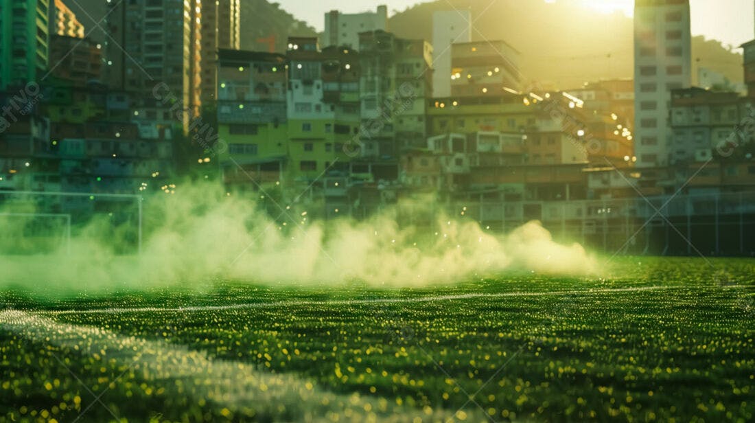 Campo de futebol com fumaça verde ao entardecer