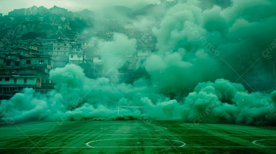 Campo de futebol com fumaça verde