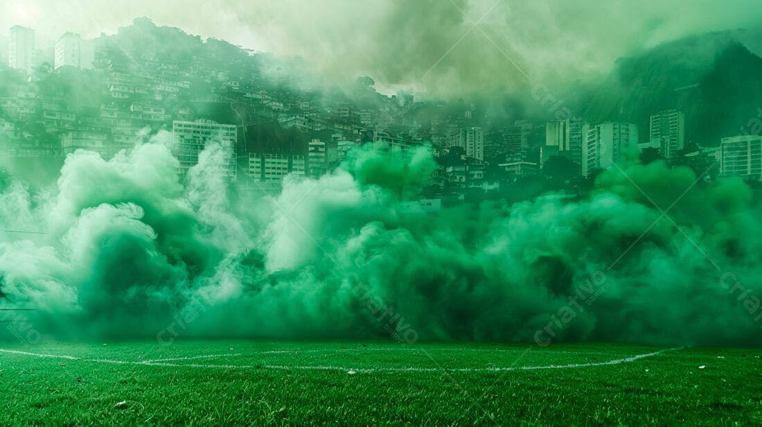 Fumaça verde em campo de futebol cidade ao fundo