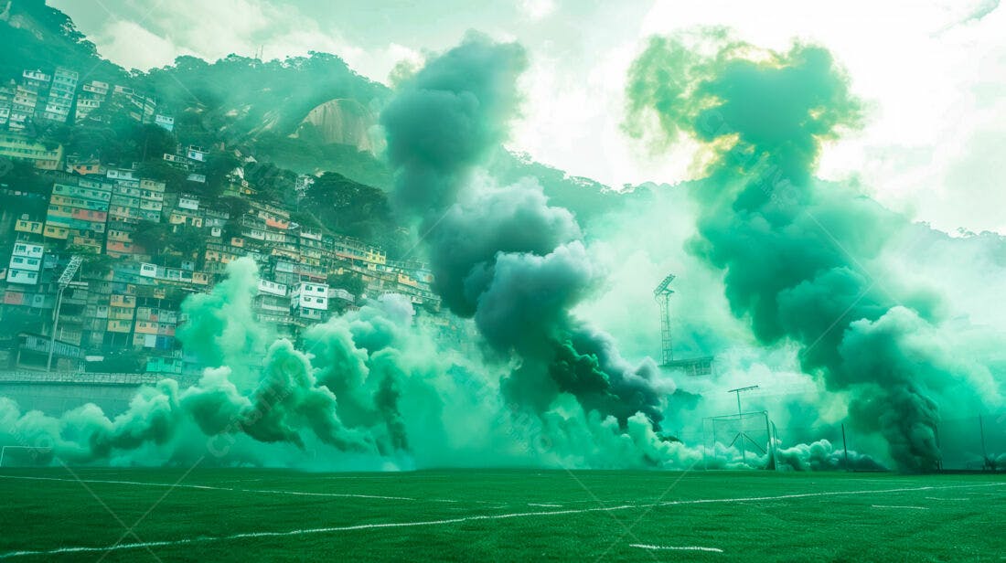 Fumaça verde em campo de futebol favela