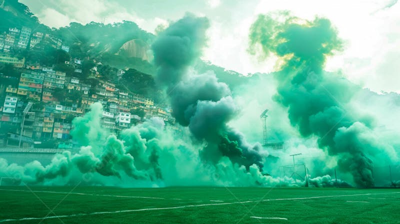 Imagem de fundo de campo de futebol na favela com fumaça 18