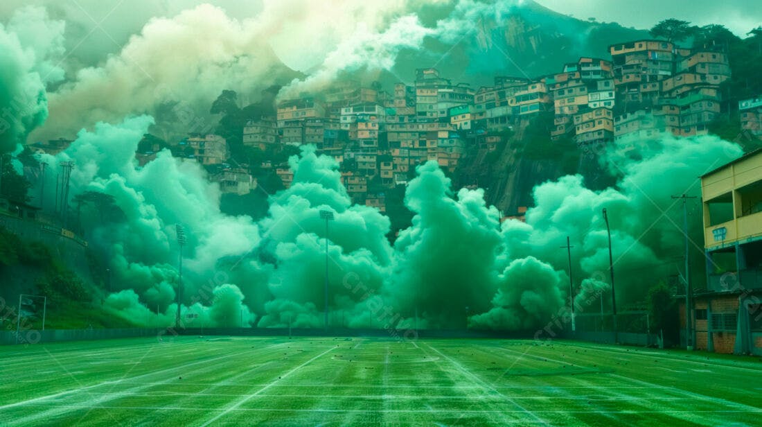 Campo de futebol com fumaça verde e favela ao fundo