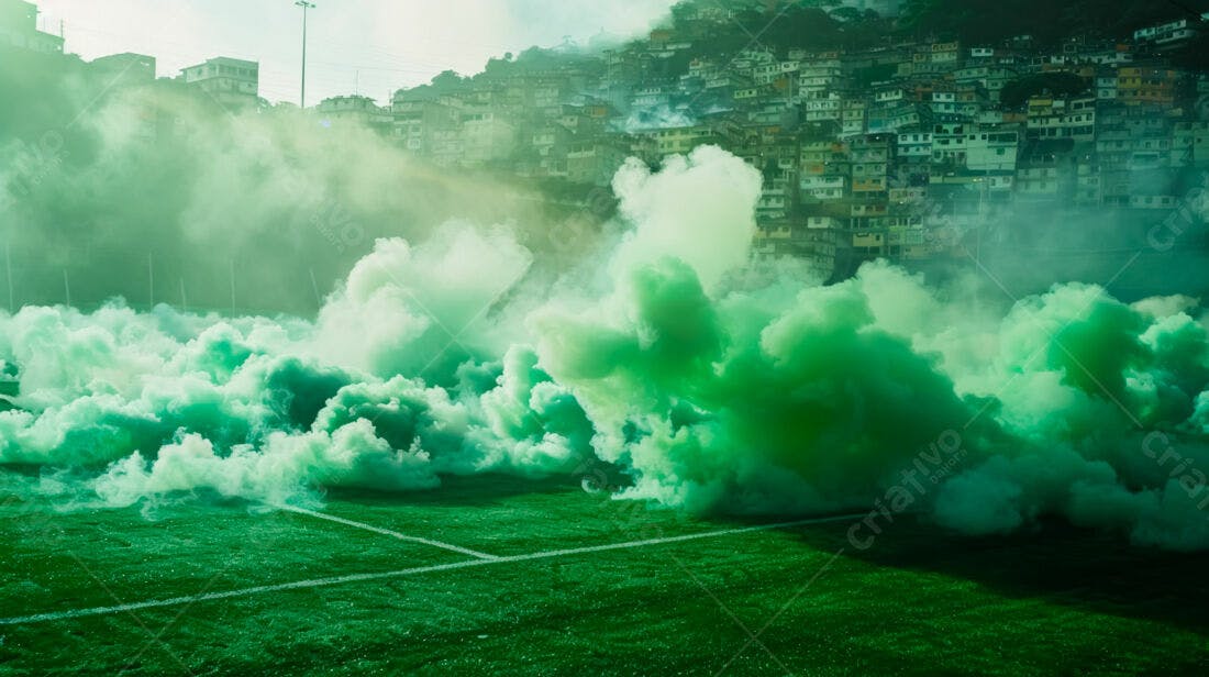 Fumaça verde campo de futebol favela