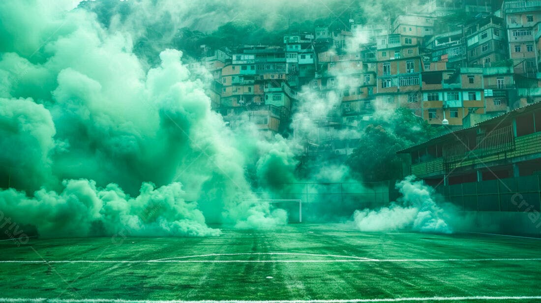 Campo de futebol com fumaça verde e favela ao fundo