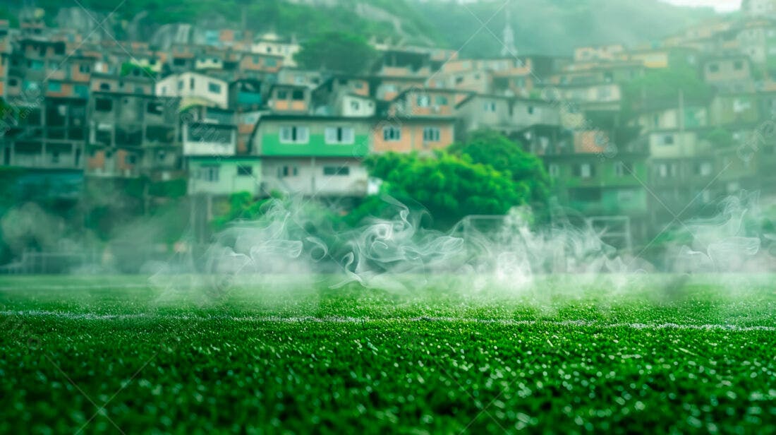 Campo de futebol com fumaça favela ao fundo