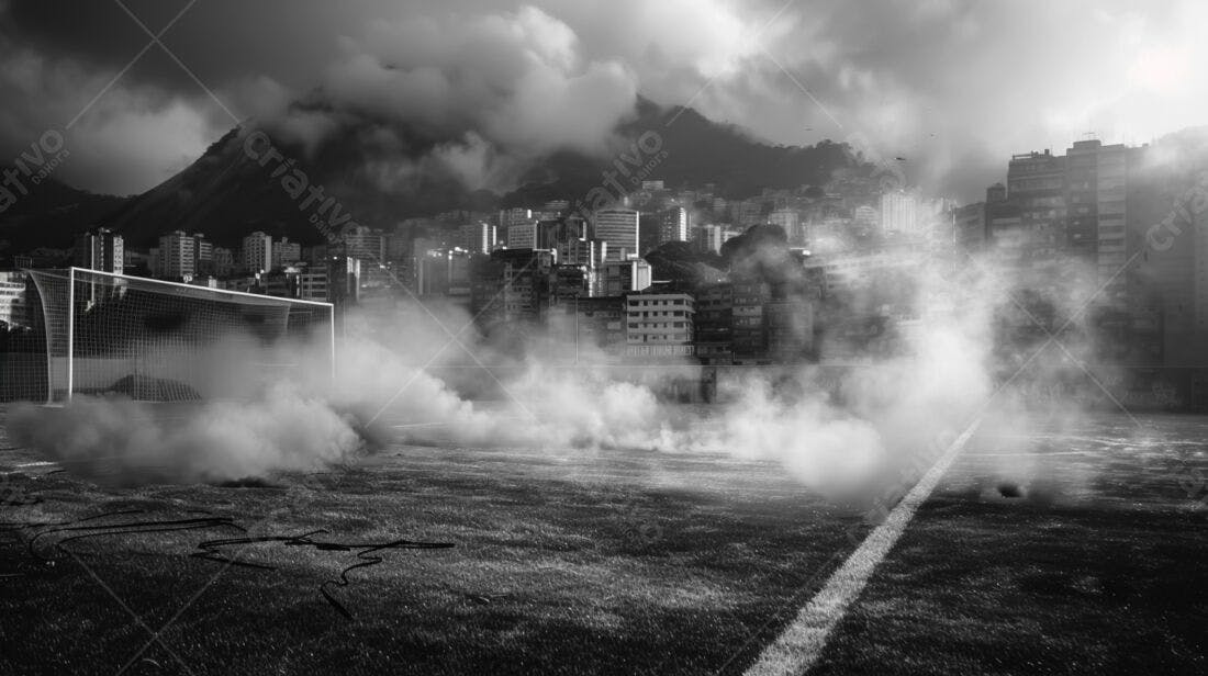 Campo de futebol com fumaça cidade ao fundo
