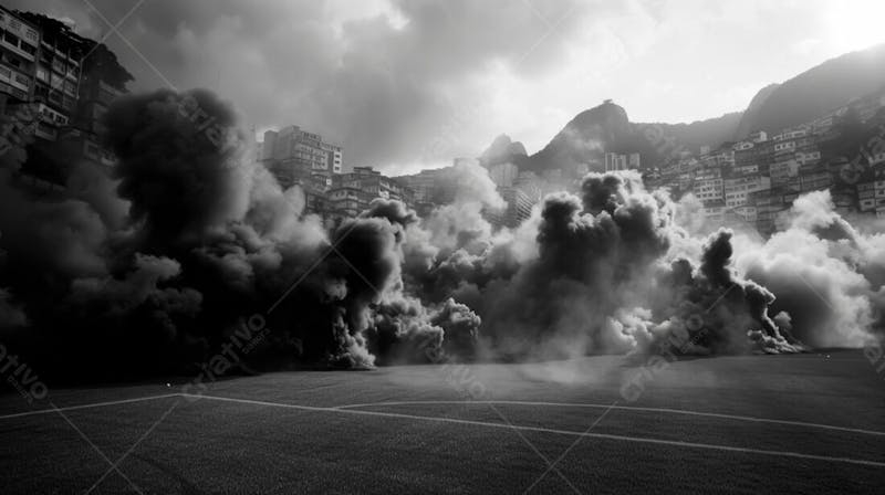 Imagem de fundo de campo de futebol na favela com fumaça 27