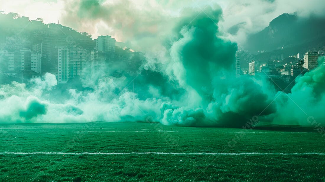 Nuvem verde de fumaça em campo de futebol