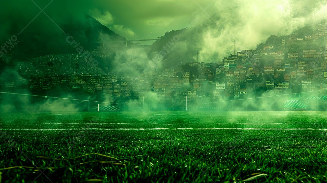Campo de futebol com favela ao fundo em tons verdes
