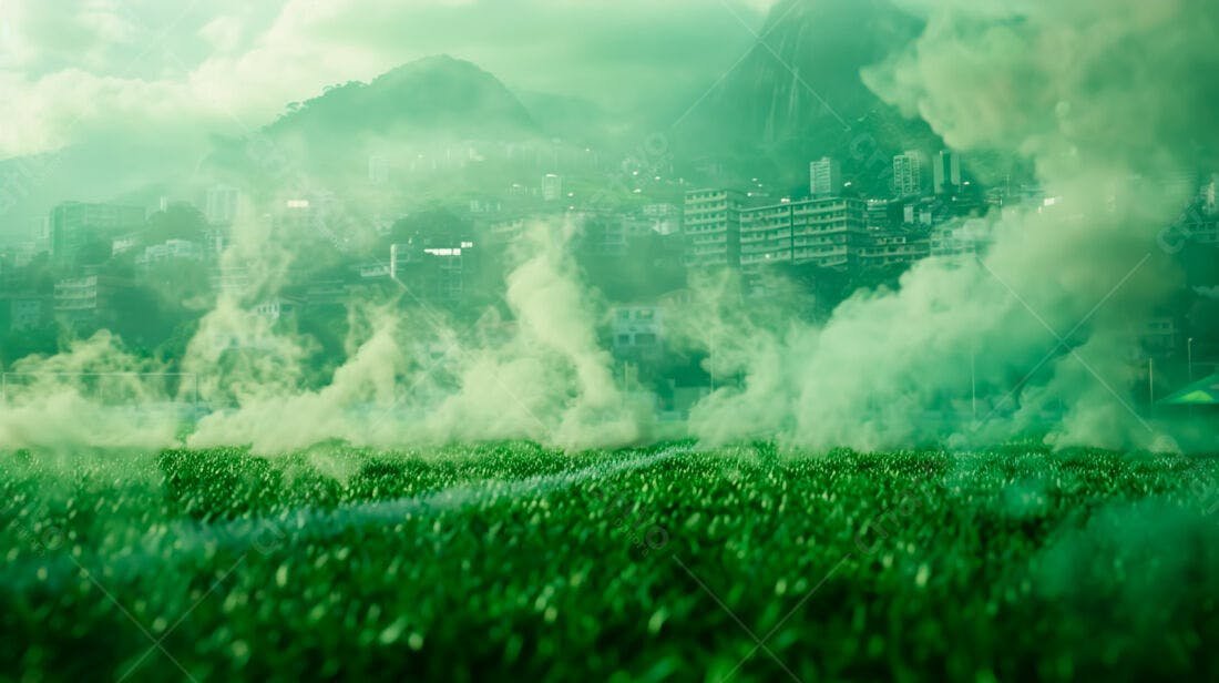 Campo de futebol com fumaça verde