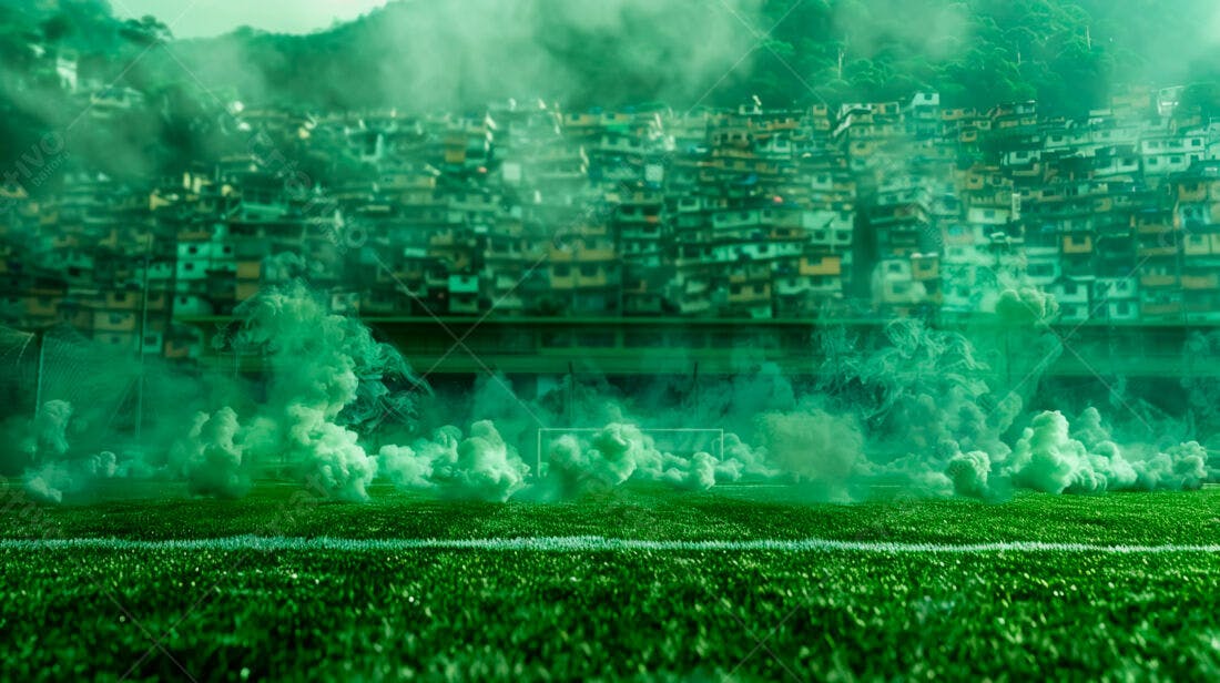Campo de futebol com fumaça verde favela ao fundo