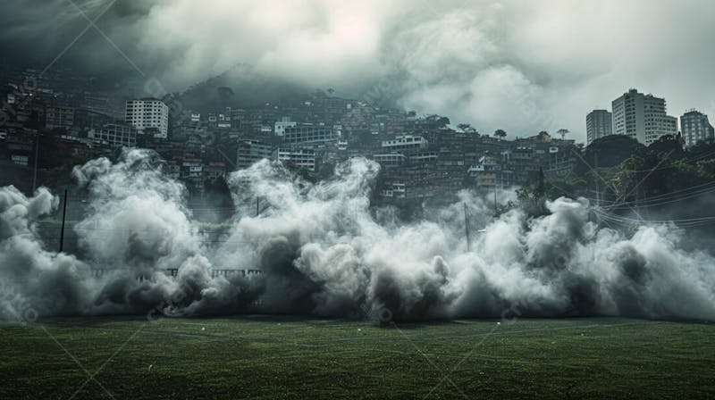 Imagem de fundo de campo de futebol na favela com fumaça 31